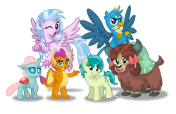 Size: 1600x1035 | Tagged: safe, artist:aleximusprime, character:gallus, character:ocellus, character:sandbar, character:silverstream, character:smolder, character:yona, species:changeling, species:classical hippogriff, species:dragon, species:earth pony, species:griffon, species:hippogriff, species:pony, species:reformed changeling, species:yak, episode:school daze, g4, my little pony: friendship is magic, season 8, spoiler:s08, collar, cute, diaocelles, diastreamies, dragoness, female, gallabetes, looking at you, one eye closed, sandabetes, simple background, smiling, smolderbetes, student six, transparent background, wink, yonadorable