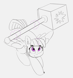 Size: 4282x4577 | Tagged: safe, artist:pabbley, character:twilight sparkle, character:twilight sparkle (alicorn), species:alicorn, species:pony, absurd resolution, female, glowing horn, hammer, magic, mare, monochrome, neo noir, partial color, signature, simple background, solo, telekinesis, war hammer, weapon