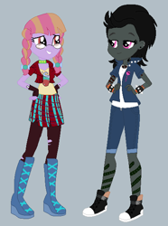 Size: 448x602 | Tagged: safe, artist:owletbrigthness, artist:selenaede, base used, oc, oc only, oc:glitter shine (ice1517), oc:night rose (ice1517), my little pony:equestria girls, boots, braid, braided pigtails, clothing, converse, ear piercing, earring, equestria girls-ified, female, fingerless gloves, glasses, gloves, jacket, jewelry, leggings, pantyhose, piercing, pigtails, plaid skirt, ripped pantyhose, shoes, shorts, skirt, sneakers, spiked wristband, tattoo, torn clothes, wristband