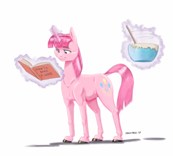 Size: 1400x1258 | Tagged: safe, artist:baron engel, character:pinkie pie, character:twilight sparkle, character:twilight sparkle (unicorn), species:pony, species:unicorn, g4, :t, baking, book, bowl, cookbook, cutie mark, cutie mark swap, dock, female, hoers, horn, levitation, lidded eyes, magic, mare, palette swap, raised eyebrow, reading, recolor, simple background, smiling, solo, telekinesis, traditional art, white background