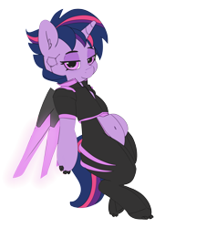 Size: 3313x3666 | Tagged: safe, artist:pabbley, edit, character:twilight sparkle, character:twilight sparkle (alicorn), species:alicorn, species:pony, 30 minute art challenge, alternate hairstyle, belly button, color edit, colored, cyberpunk, cyborg, female, mare, punklight sparkle, simple background, smiling, solo, transparent background