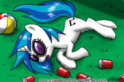 Size: 1260x840 | Tagged: safe, artist:johnjoseco, character:dj pon-3, character:vinyl scratch, species:pony, species:unicorn, g4, ball, beach ball, cup, drunk, female, katy perry, last friday night, lying down, mare, on side, passed out, photoshop, red solo cup, sleeping, solo, song reference