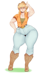 Size: 1329x2206 | Tagged: safe, artist:sundown, character:applejack, species:human, applebucking thighs, applejack's hat, belt, belt buckle, boots, clothing, cowboy hat, female, freckles, hat, humanized, impossibly wide hips, jacqueline applebuck, jeans, looking at you, pants, shirt, shoes, simple background, smiling, solo, torn clothes, undershirt, white background, wide hips
