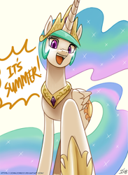 Size: 700x954 | Tagged: safe, artist:johnjoseco, character:princess celestia, species:alicorn, species:pony, celestia day, crown, cute, cutelestia, dialogue, female, jewelry, looking at you, looking down, mare, necklace, open mouth, praise the sun, raised hoof, regalia, signature, simple background, smiling, solo, speech bubble, summer, text, white background