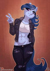 Size: 910x1300 | Tagged: safe, artist:atryl, oc, oc only, oc:raylanda, species:anthro, belly button, belt, clothing, commission, female, jacket, leather jacket, low rise jeans, midriff, pants, patreon, patreon logo, peace sign, solo, tail, torn clothes