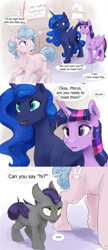 Size: 1980x4590 | Tagged: safe, artist:silfoe, character:princess luna, character:twilight sparkle, character:twilight sparkle (alicorn), oc, oc:cheeribun, oc:pterus, species:alicorn, species:bat pony, species:earth pony, species:pony, royal sketchbook, ship:twiluna, adoption, bat pony oc, colt, comic, cute, dialogue, female, foal, lesbian, male, mare, nervous, open mouth, orphan, orphanage, raised hoof, shipping, shy, silfoe is trying to murder us, speech bubble