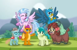 Size: 2000x1294 | Tagged: safe, artist:aleximusprime, character:gallus, character:ocellus, character:sandbar, character:silverstream, character:smolder, character:yona, species:changeling, species:classical hippogriff, species:dragon, species:earth pony, species:griffon, species:hippogriff, species:pony, species:reformed changeling, species:yak, episode:school daze, g4, my little pony: friendship is magic, season 8, spoiler:s08, crossed arms, cute, diaocelles, diastreamies, dragoness, female, gallabetes, looking at you, male, one eye closed, open mouth, print, sandabetes, scenery, smiling, smolderbetes, student six, teenager, wink, yonadorable