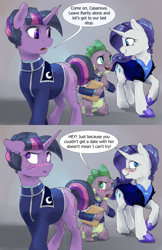 Size: 1980x3060 | Tagged: safe, artist:silfoe, character:rarity, character:spike, character:twilight sparkle, character:twilight sparkle (unicorn), species:dragon, species:pony, species:unicorn, ship:sparity, alternate timeline, alternate universe, blushing, clothing, comic, dialogue, embarrassed, female, flirting, gradient background, implied lesbian, implied rarilight, implied shipping, implied sparity, implied straight, male, mare, moonsetmlp, night maid rarity, raised hoof, rekt, scrunchy face, shipping, slit eyes, speech bubble, straight, uniform