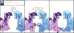 Size: 1822x812 | Tagged: safe, artist:dekomaru, edit, character:trixie, character:twilight sparkle, character:twilight sparkle (unicorn), oc, oc:aurora, oc:nebula, parent:trixie, parent:twilight sparkle, parents:twixie, species:pony, species:unicorn, ship:twixie, tumblr:ask twixie, ask, comic, female, filly, foal, horses doing horse things, lesbian, magical lesbian spawn, mare, offspring, shipping, simple background, sleeping, tumblr, white background, z, zzz