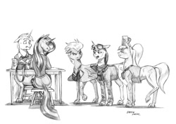 Size: 1500x1062 | Tagged: safe, artist:baron engel, oc, oc only, oc:blood feather, oc:phoenix, oc:purple marten, oc:quick silver, oc:trotter, species:pony, big wings, bow tie, grayscale, head carry, monochrome, mug, open mouth, pencil drawing, simple background, story in the source, traditional art, white background, wings