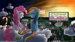 Size: 1920x1080 | Tagged: safe, artist:johnjoseco, character:pinkie pie, character:rainbow dash, species:earth pony, species:pegasus, species:pony, ship:pinkiedash, cinema, cloud, crowd, eyes closed, female, food, grin, happy, hooves, lesbian, mare, on a cloud, popcorn, shipping, sitting, sitting on a cloud, smiling, text, wallpaper, wings