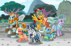 Size: 2000x1294 | Tagged: safe, artist:aleximusprime, character:flash magnus, character:meadowbrook, character:mistmane, character:rockhoof, character:somnambula, character:star swirl the bearded, species:earth pony, species:pegasus, species:pony, species:unicorn, episode:shadow play, g4, my little pony: friendship is magic, armor, clothing, daytime, healer's mask, mask, netitus, one eye closed, pillars of equestria, ponehenge, rockhoof's shovel, shield, wink
