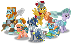 Size: 2000x1229 | Tagged: safe, artist:aleximusprime, character:flash magnus, character:meadowbrook, character:mistmane, character:rockhoof, character:somnambula, character:star swirl the bearded, species:earth pony, species:pegasus, species:pony, species:unicorn, episode:shadow play, g4, my little pony: friendship is magic, armor, clothing, healer's mask, mask, netitus, one eye closed, pillars of equestria, rockhoof's shovel, shield, simple background, sitting, transparent background, wink