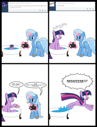 Size: 1256x1652 | Tagged: safe, artist:dekomaru, character:trixie, character:twilight sparkle, species:pony, species:unicorn, ship:twixie, tumblr:ask twixie, age regression, ask, baby, baby pony, bath, bathtub, camera, comic, female, foal, lesbian, shipping, simple background, tumblr, white background