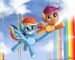 Size: 1100x880 | Tagged: safe, artist:johnjoseco, character:rainbow dash, character:scootaloo, species:pegasus, species:pony, episode:sleepless in ponyville, g4, my little pony: friendship is magic, carrying, cute, cutealoo, dashabetes, duo, female, filly, flying, foal, grin, happy, holding a pony, mare, open mouth, rainbow waterfall, scene interpretation, scootaloo can fly, scootalove, smiling, tears of joy