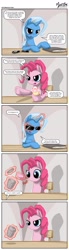 Size: 989x3600 | Tagged: safe, artist:mysticalpha, character:pinkie pie, character:trixie, alicorn amulet, comic, cupcake, cute, diapinkes, no mouth, no nose, parody, sunglasses, the matrix