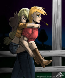 Size: 900x1084 | Tagged: safe, artist:johnjoseco, character:applejack, character:big mcintosh, species:human, g4, applejack's hat, boots, brother and sister, clothing, cowboy boots, cowboy hat, crying, duo, female, fence, hat, humanized, male, night, photoshop, piggyback ride, sad, straw in mouth