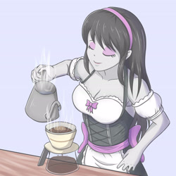 Size: 3248x3248 | Tagged: safe, artist:sumin6301, character:octavia melody, my little pony:equestria girls, bare shoulders, breasts, cleavage, clothing, coffee, eyes closed, eyeshadow, female, hairband, maid, makeup, octamaid, solo, steam