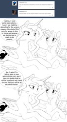 Size: 1980x3592 | Tagged: safe, artist:silfoe, character:princess luna, character:twilight sparkle, character:twilight sparkle (alicorn), species:alicorn, species:pony, royal sketchbook, ship:twiluna, ask, black and white, book, comic, dialogue, female, glowing horn, grayscale, lesbian, magic, mare, monochrome, prone, shipping, simple background, speech bubble, telekinesis, tumblr, white background