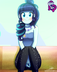 Size: 920x1160 | Tagged: safe, artist:the-butch-x, part of a set, character:coloratura, my little pony:equestria girls, blushing, breasts, butch's hello, choker, cleavage, clothing, commission, cute, equestria girls logo, female, hello x, looking at you, nervous, rarabetes, signature, sitting, smiling, solo, sweat