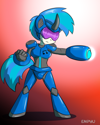 Size: 800x1000 | Tagged: safe, artist:empyu, character:dj pon-3, character:vinyl scratch, species:human, 45 minute art challenge, capcom, crossover, female, humanized, megaman, megaman (character), megaman x, megamare, solo