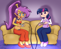 Size: 1000x800 | Tagged: safe, artist:empyu, character:twilight sparkle, species:human, bra, clothing, controller, couch, crossover, digital art, duo, female, genie, humanized, pants, playing, request, requested art, shantae, shantae (character), shoes, signature, sitting, underwear