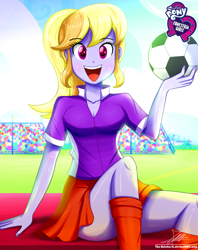 Size: 920x1160 | Tagged: safe, artist:the-butch-x, part of a set, character:cloudy kicks, my little pony:equestria girls, adorasexy, background human, ball, breasts, butch's hello, cleavage, clothing, cloudy kicks, commission, cute, equestria girls logo, female, football, hello x, legs, looking at you, moe, open mouth, ponytail, schrödinger's pantsu, sexy, signature, sitting, skirt, smiling, socks, solo, sports, strategically covered, thighs, upskirt denied