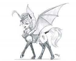 Size: 1400x1117 | Tagged: safe, artist:baron engel, oc, oc only, oc:neapolitan sherbet, species:bat pony, species:pony, bat pony oc, clothing, female, grayscale, looking at you, mare, monochrome, pencil drawing, simple background, sketch, solo