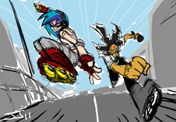 Size: 1500x1039 | Tagged: safe, artist:johnjoseco, character:dj pon-3, character:vinyl scratch, species:human, g4, crossover, duo, female, humanized, jet set radio, professor k, roller skates