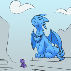 Size: 1280x1280 | Tagged: safe, artist:pabbley, character:spike, species:dragon, 30 minute art challenge, cloud, looking up, male, partial color, sapphire, sky, statue, winged spike