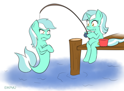 Size: 1000x733 | Tagged: safe, artist:empyu, character:lyra heartstrings, species:pony, species:seapony (g4), species:unicorn, female, fishing, fishing rod, lyra is not amused, mare, mug, pier, ponidox, seaponified, seapony lyra, self paradox, self ponidox, species swap, unamused