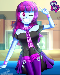 Size: 920x1160 | Tagged: safe, artist:the-butch-x, part of a set, character:mystery mint, my little pony:equestria girls, background human, bare shoulders, big grin, boots, bracelet, breasts, butch's hello, canterlot high, clothing, commission, cute, equestria girls logo, female, grin, hello x, jewelry, looking at you, mysterybetes, nail polish, off shoulder, one eye closed, peace sign, scarf, shoes, signature, sitting, smiling, solo, wink, wristband