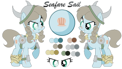 Size: 749x423 | Tagged: safe, artist:mlpcrystalharmony, artist:selenaede, base used, oc, oc only, oc:seafare sail, species:earth pony, species:pony, armor, eye scar, female, fur, helmet, horned helmet, mare, pirate, reference sheet, scar, shield, simple background, solo, transparent background, viking, viking helmet