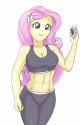 Size: 2078x3248 | Tagged: safe, artist:sumin6301, character:fluttershy, my little pony:equestria girls, belly button, breasts, busty fluttershy, cellphone, cleavage, clothing, cute, female, midriff, pants, phone, shyabetes, simple background, solo, sports bra, sweatpants, white background