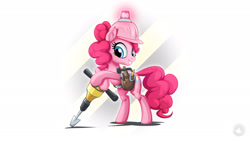 Size: 1920x1080 | Tagged: safe, artist:mysticalpha, character:pinkie pie, species:earth pony, species:pony, episode:school daze, g4, my little pony: friendship is magic, bipedal, bipedal leaning, clothing, construction pony, female, hard hat, hat, jackhammer, leaning, simple background, solo, toolbelt, wallpaper, white background