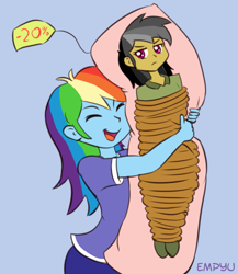 Size: 867x1000 | Tagged: safe, artist:empyu, character:daring do, character:rainbow dash, my little pony:equestria girls, 30 minute art challenge, blue background, body pillow, clothing, daring daki, discount, eyes closed, open mouth, ropes, signature, simple background