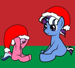 Size: 465x421 | Tagged: safe, artist:dekomaru, oc, oc only, oc:aurora, oc:nebula, parent:trixie, parent:twilight sparkle, parents:twixie, species:pony, species:unicorn, tumblr:ask twixie, blank flank, brother and sister, christmas, clothing, colt, cute, female, filly, hat, magical lesbian spawn, male, offspring, onesie, pajamas, santa hat