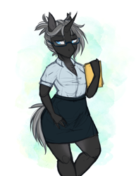 Size: 2550x3300 | Tagged: safe, artist:askbubblelee, oc, oc only, oc:imago, species:anthro, species:pony, species:unicorn, adorasexy, anthro oc, beautiful, breasts, business suit, businessmare, chest fluff, clothing, curved horn, cute, ear fluff, female, folder, glasses, grey hair, horn, lidded eyes, looking away, mare, ocbetes, ponified, ponytail, sexy, shirt, simple background, skirt, solo, species swap, sweat, unicornified