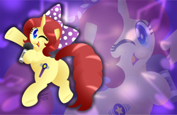 Size: 1600x1035 | Tagged: safe, artist:aleximusprime, oc, oc only, oc:eilemonty, ponysona, species:pony, species:unicorn, birthday gift, bow, cute, drop shadow, eilemonty, flank, freckles, lineless, lineless art, looking at you, looking back, microphone, musician, one eye closed, plot, singer, solo, wink, zoom layer