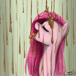 Size: 900x900 | Tagged: safe, artist:johnjoseco, character:pinkamena diane pie, character:pinkie pie, species:earth pony, species:pony, g4, adobe imageready, chocolate, chocolate rain, drinking, dripping, eyes closed, female, food, mare, open mouth, profile, rain, smiling, solo, tongue out