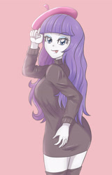 Size: 2078x3248 | Tagged: safe, artist:sumin6301, character:rarity, episode:sweet and elite, g4, my little pony: friendship is magic, my little pony:equestria girls, beatnik rarity, beret, blep, clothing, female, hat, looking at you, pink background, silly, simple background, solo, sweater, tongue out