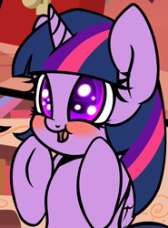 Size: 644x872 | Tagged: safe, artist:slavedemorto, character:twilight sparkle, character:twilight sparkle (alicorn), species:alicorn, species:pony, species:unicorn, comic:candybits 2.1, bipedal, blushing, book, bookshelf, close-up, cropped, cute, explicit series, explicit source, eye reflection, female, golden oaks library, open mouth, reflection, smiling, solo, twiabetes