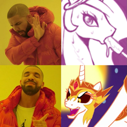Size: 715x717 | Tagged: safe, artist:johnjoseco, character:daybreaker, character:princess celestia, species:alicorn, species:human, species:pony, princess molestia, drake, female, hotline bling, irl, irl human, mare, meme, photo