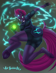 Size: 1545x2000 | Tagged: safe, artist:askbubblelee, character:tempest shadow, species:anthro, species:pony, species:unguligrade anthro, species:unicorn, my little pony: the movie (2017), breasts, broken horn, bronycon 2018, clothing, eye scar, female, fingerless gloves, gloves, looking back, mare, print, scar, smiling, solo, tempass, underhoof