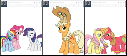 Size: 1826x816 | Tagged: safe, artist:dekomaru, edit, character:applejack, character:big mcintosh, character:fluttershy, character:pinkie pie, character:rainbow dash, character:rarity, oc, oc:apple blossom, oc:nimbus, parent:applejack, parent:big macintosh, parent:fluttershy, parent:rainbow dash, parents:appledash, parents:fluttermac, species:earth pony, species:pegasus, species:pony, species:unicorn, ship:appledash, ship:fluttermac, tumblr:ask twixie, ask, baby, baby pony, clothing, colt, comic, family, female, filly, hat, lesbian, magical lesbian spawn, male, mother and son, offspring, oversized hat, shipping, simple background, straight, tumblr, white background