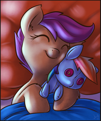 Size: 748x900 | Tagged: safe, artist:atryl, character:rainbow dash, character:scootaloo, species:pegasus, species:pony, bed, button eyes, cute, cutealoo, doll, ear fluff, eyes closed, female, leg fluff, plushie, rainbow dash plushie, sleeping, solo