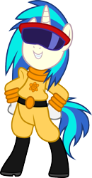 Size: 519x1000 | Tagged: safe, artist:cloudyglow, character:dj pon-3, character:vinyl scratch, species:pony, species:unicorn, a goofy movie, bipedal, clothing, cosplay, costume, crossover, disney, female, power line, simple background, solo, transparent background, visor