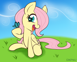Size: 1000x800 | Tagged: safe, artist:empyu, character:fluttershy, species:pegasus, species:pony, 30 minute art challenge, butterfly, cute, female, filly, folded wings, grass, happy, head turn, hoof hold, looking at something, open mouth, raised hoof, shyabetes, sitting, smiling, solo, three quarter view, younger