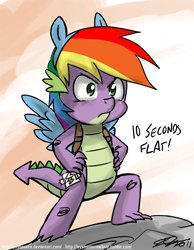Size: 700x901 | Tagged: safe, artist:johnjoseco, character:spike, species:dragon, g4, 10 seconds flat, adobe imageready, fake wings, male, new rainbow dash, rainbow wig, solo