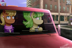 Size: 1360x920 | Tagged: safe, artist:the-butch-x, character:chickadee, character:ms. harshwhinny, character:ms. peachbottom, character:pinkie pie, species:earth pony, species:pony, car, clothing, crossover, freckles, grand theft auto, gta san andreas, my little pony logo, signature, video game